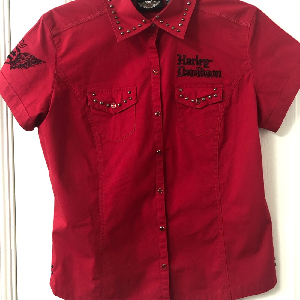 Harley Davidson button up top